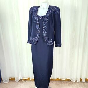 Vintage Mary Jane Denzer gown and jacket set navy blue iridescent beading large